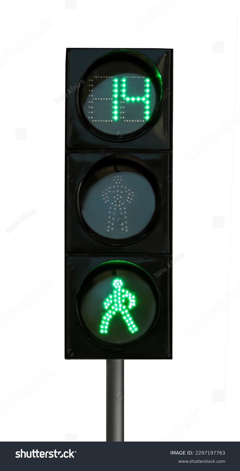 Modern traffic light with timer and pedestrian signals isolated on white #2297197763