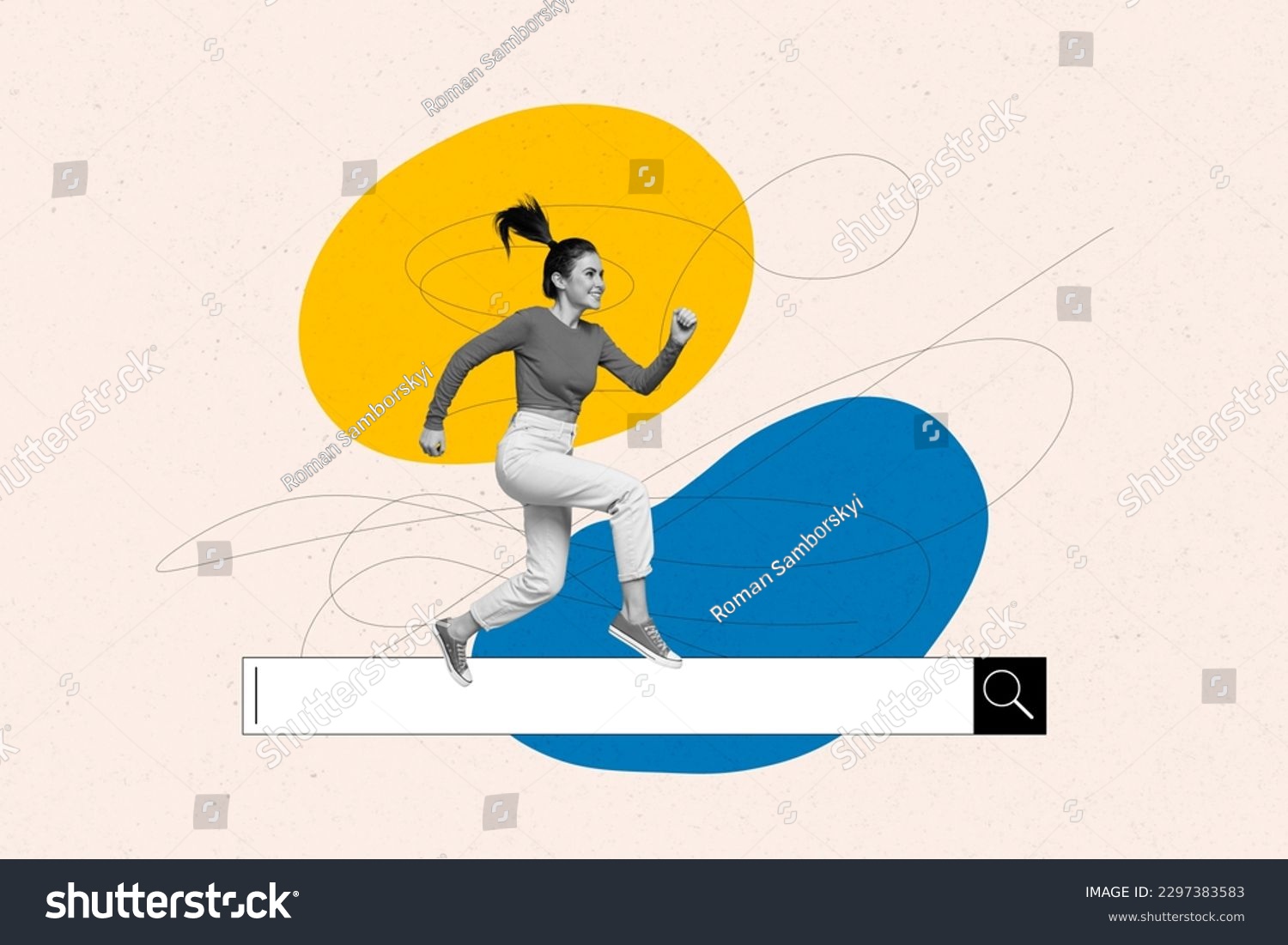 Collage artwork graphics picture of excited lady running google searching engine isolated painting background #2297383583