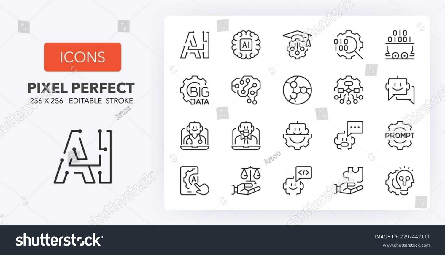 Set of thin line icons of artificial intelligence. Outline symbol collection. Editable vector stroke. 256x256 Pixel Perfect scalable to 128px, 64px... #2297442111