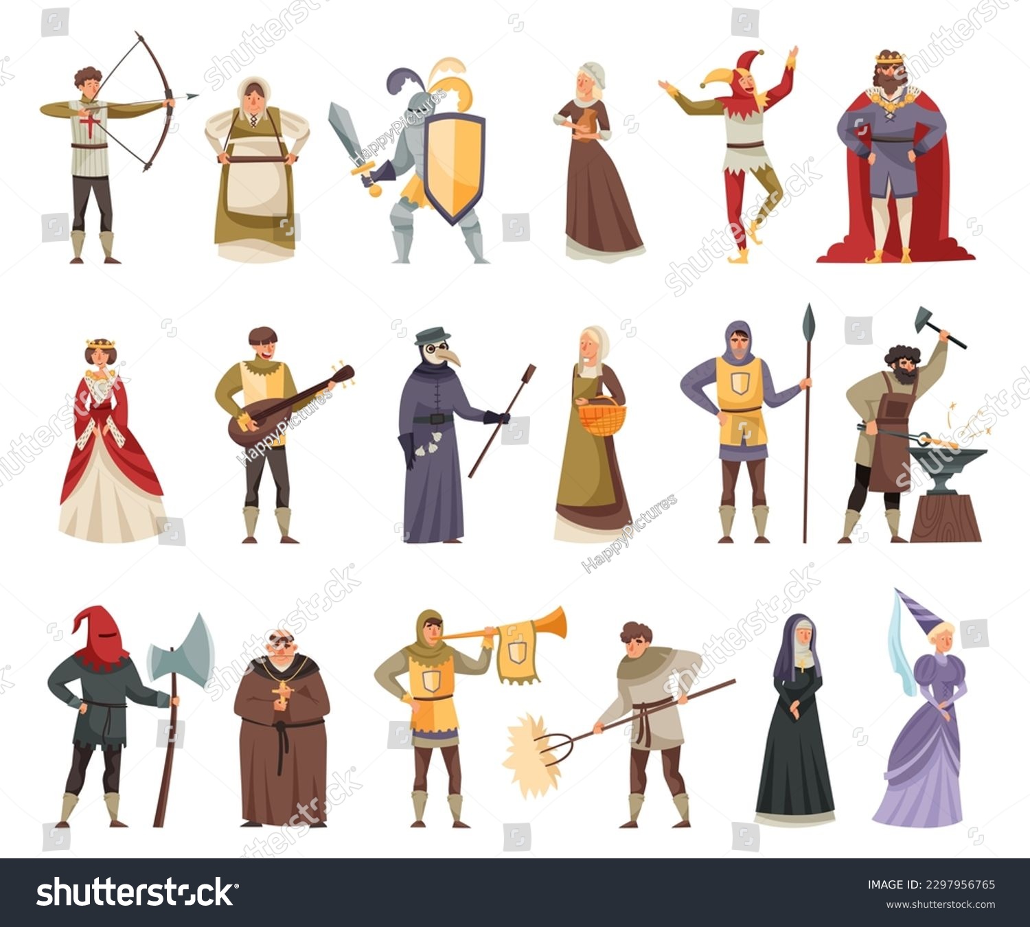 Middle Ages with Medieval People Characters Big Vector Illustration Set #2297956765
