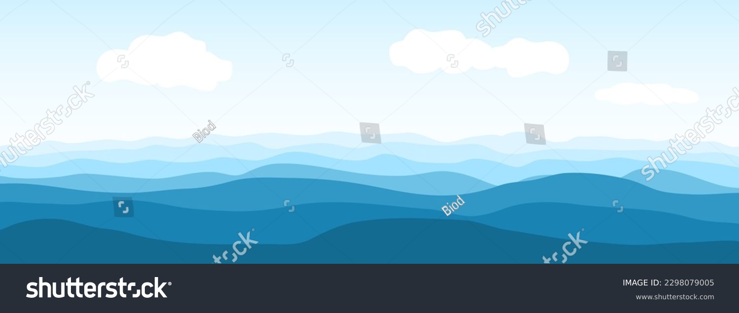 Blue ocean or sea waves. Realistic vector ocean waves and sky with clouds on wide background. Abstract blue sea waves. Vector illustration #2298079005