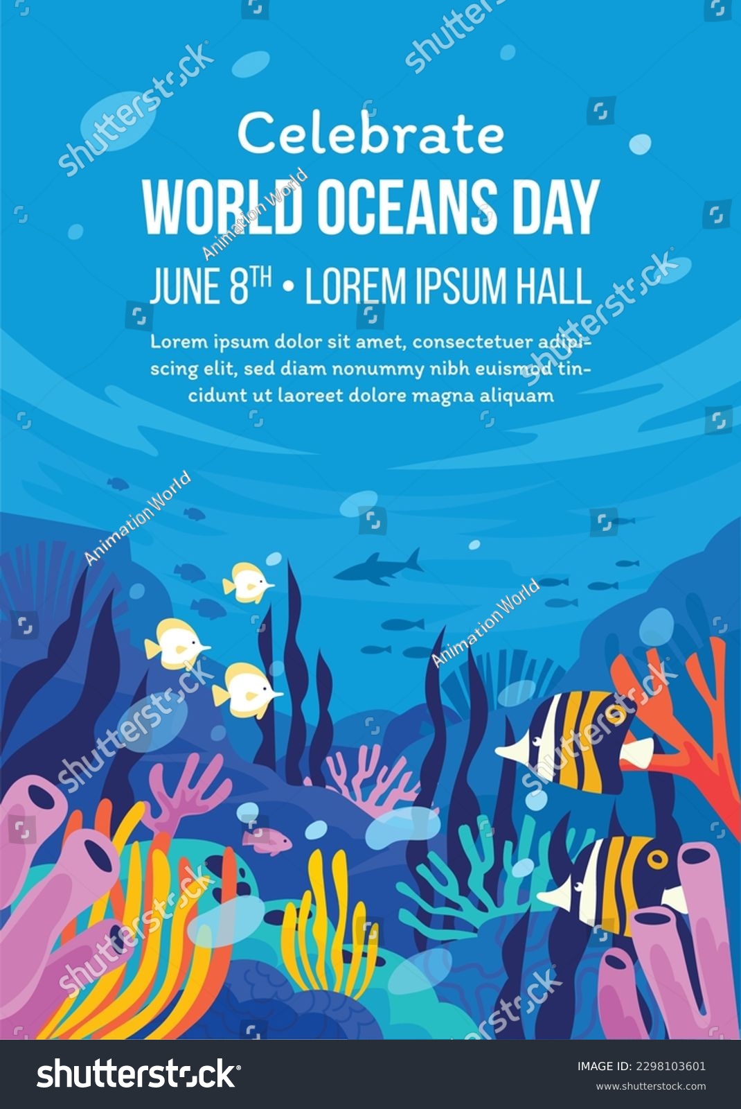 World oceans day. World ocean day. underwater ocean background. dolphin, shark, coral, sea plants, stingray and turtle. design, poster, banner, template, card. save ocean. concept. vector illustration #2298103601