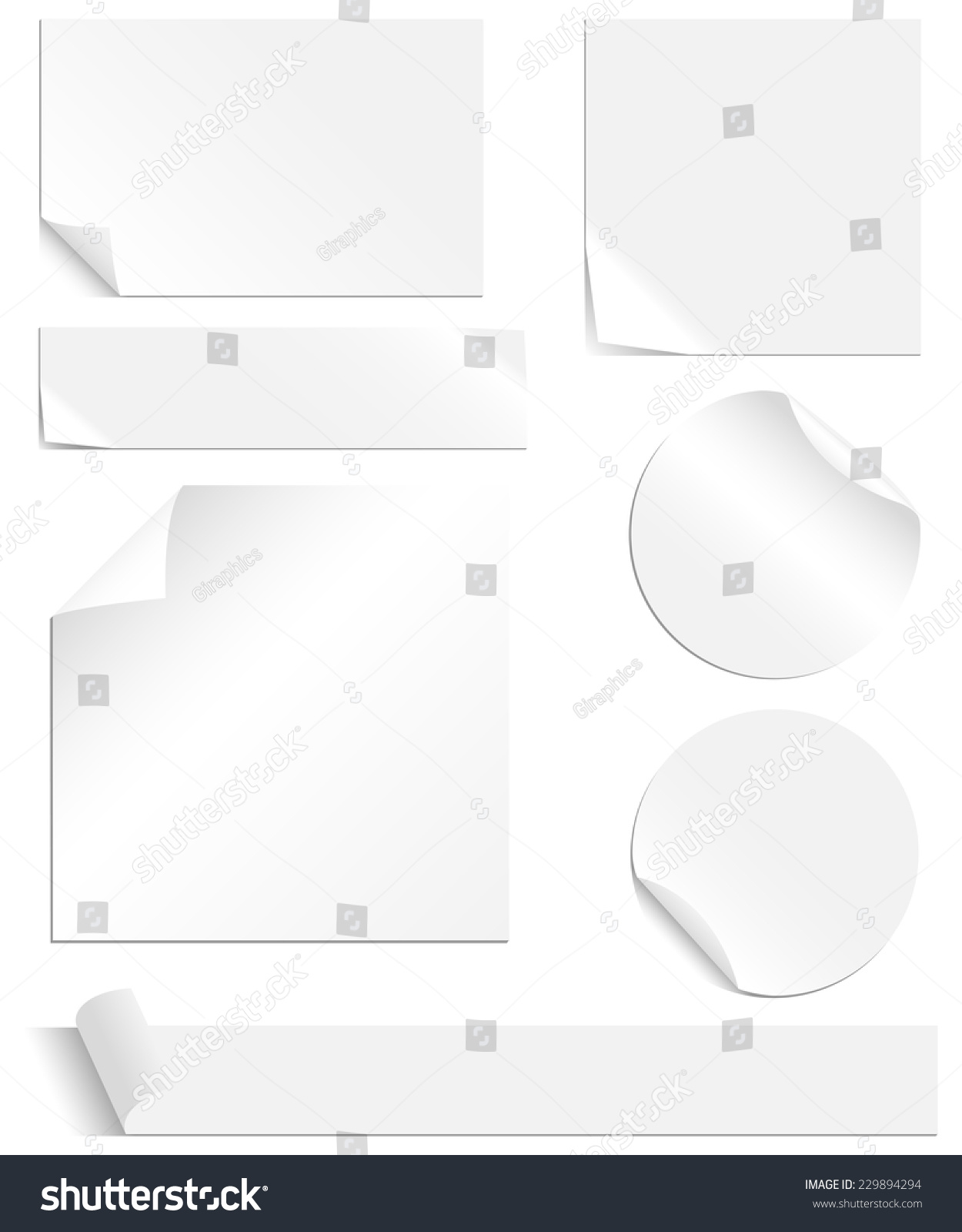 White Labels Set - Collection of blank labels with peeling and creased corners. Each element is grouped individually for easy editing. Colors are global swatches, so they can be changed easily. #229894294