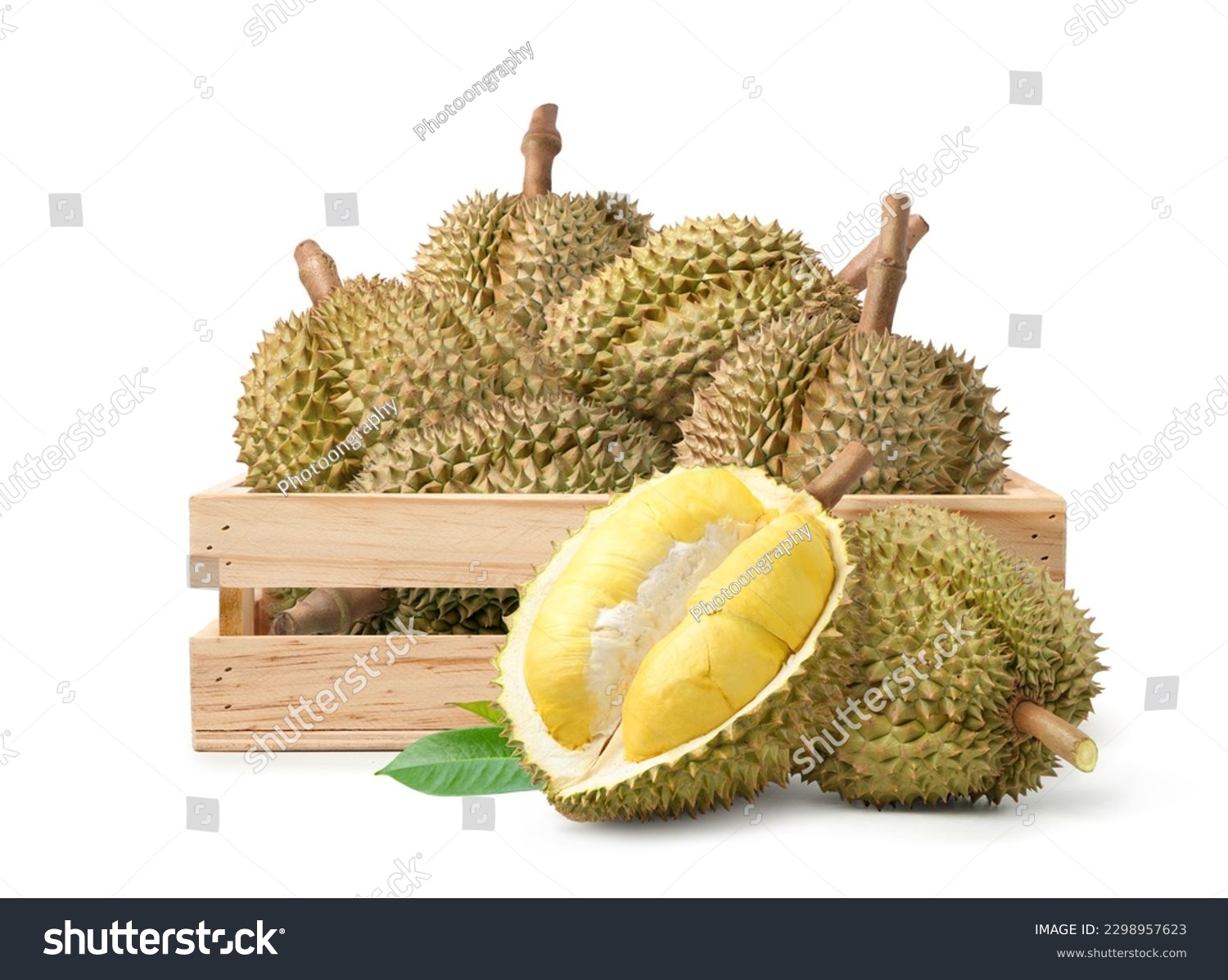 Durian fruits in wooden crate with cut in half isolate on white background.  #2298957623