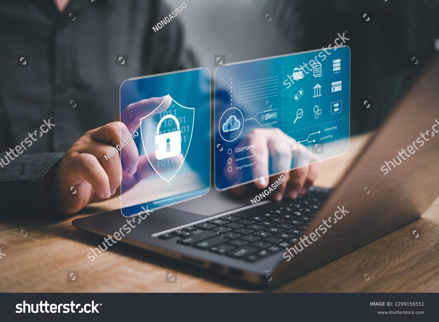 Cybersecurity privacy of data protection, Businessman using laptop protection and Secure encryption technology firewall security in online network, secured access to user personal data concept #2299156551