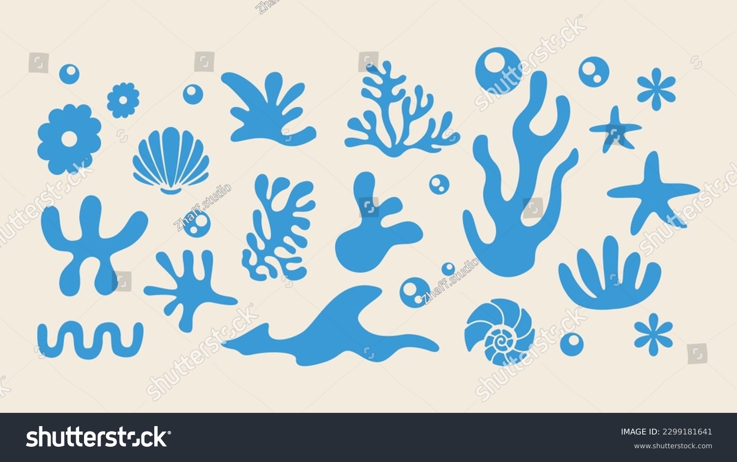 Marine life illustration pattern vector corral, shell, scallop, starfish, deep sea background layout silhouette printable #2299181641