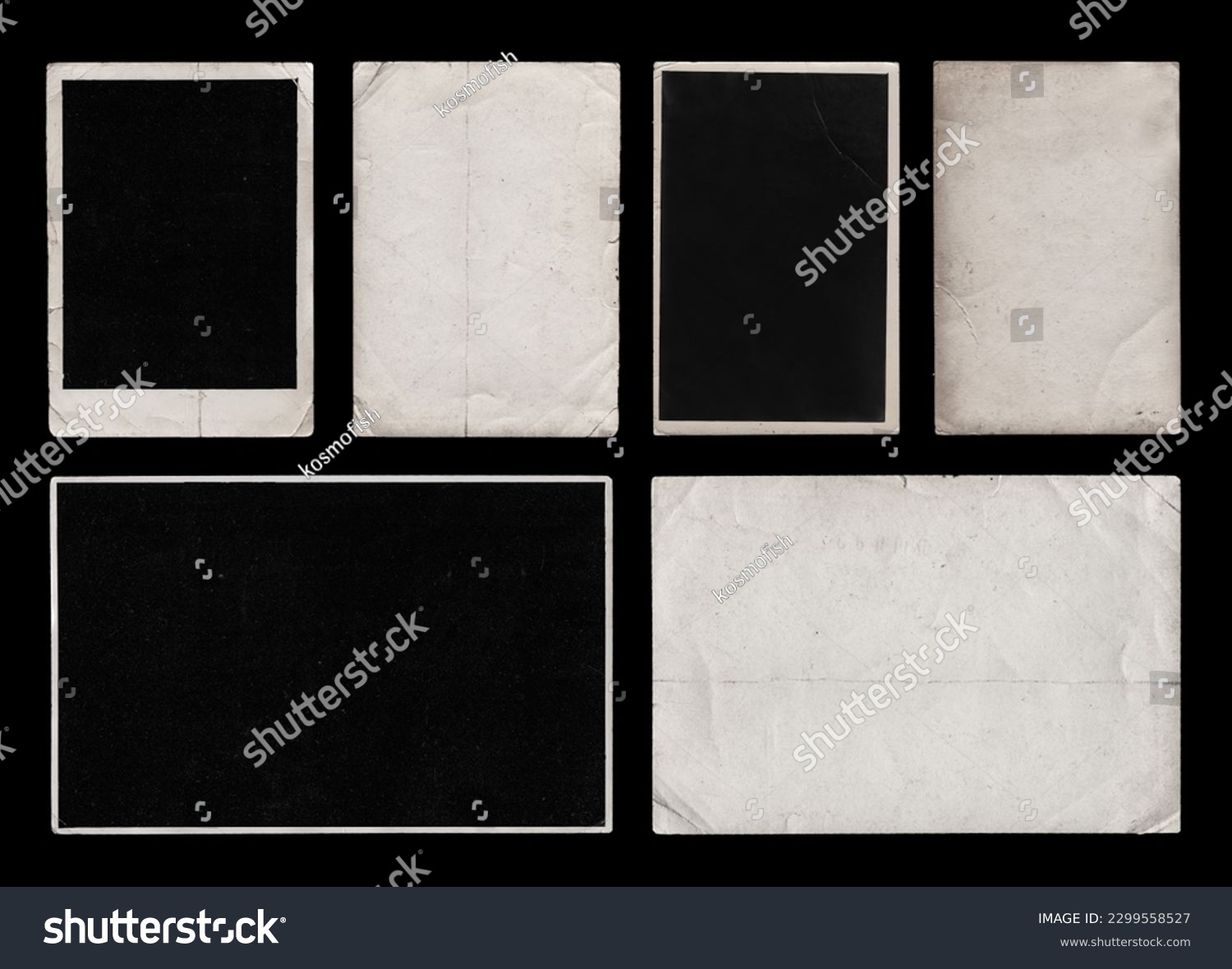 Set of Old Black Empty Aged Vintage Retro Damaged Paper Cardboard Photo Card. Blank Frame. Front and Back Side. Rough Grunge Shabby Scratched Texture. Distressed Overlay Surface for Collage #2299558527