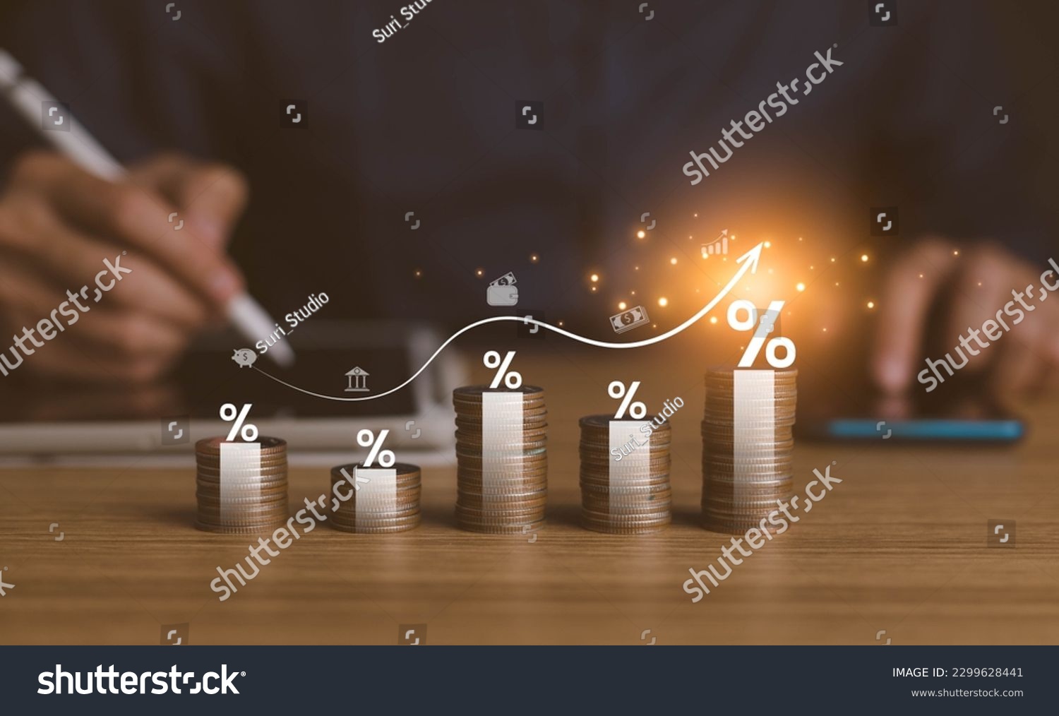 interest rates and dividends, investment returns, income, retirement Compensation fund, investment, dividend tax. pile of coins and upward direction percentage symbol. saving money for investment #2299628441
