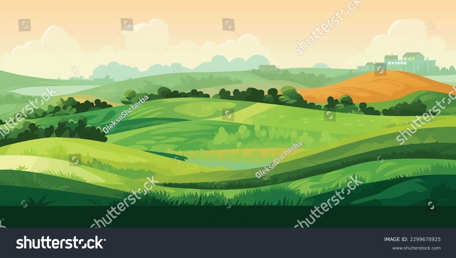 Rural Green Grass Hills Landscape Illustration #2299678925