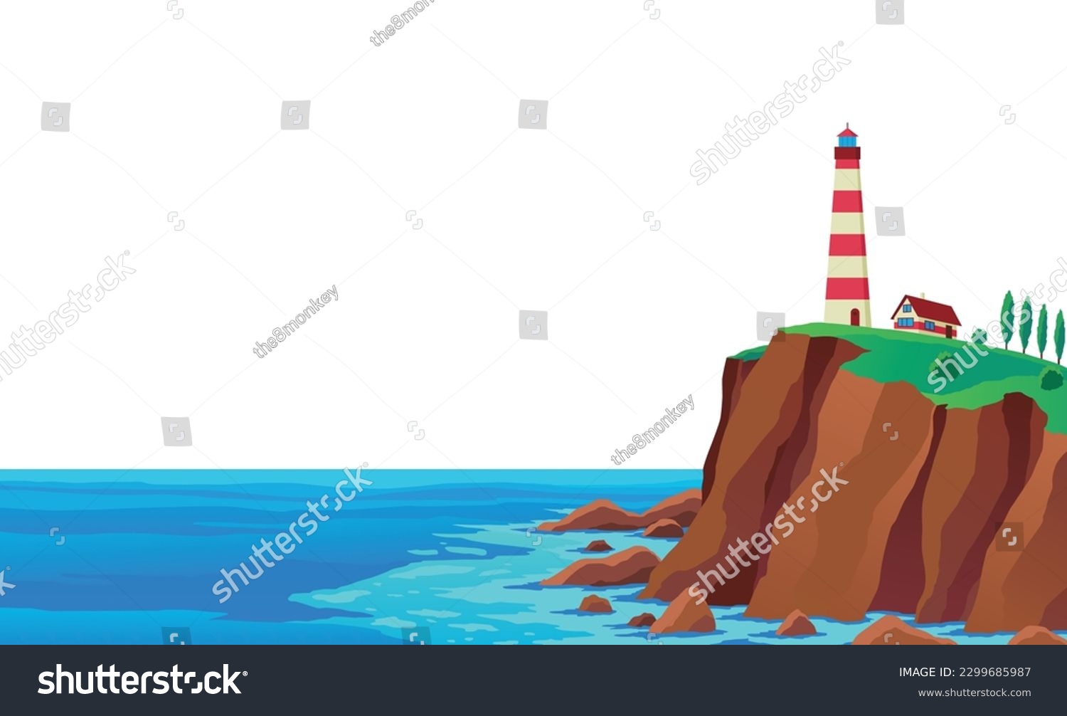 Lighthouse sea landscape. Nautical navigation tower on rocky coast. Ocean beach with beacon and building on cliff. Vector colored flat cartoon illustration of seascape #2299685987