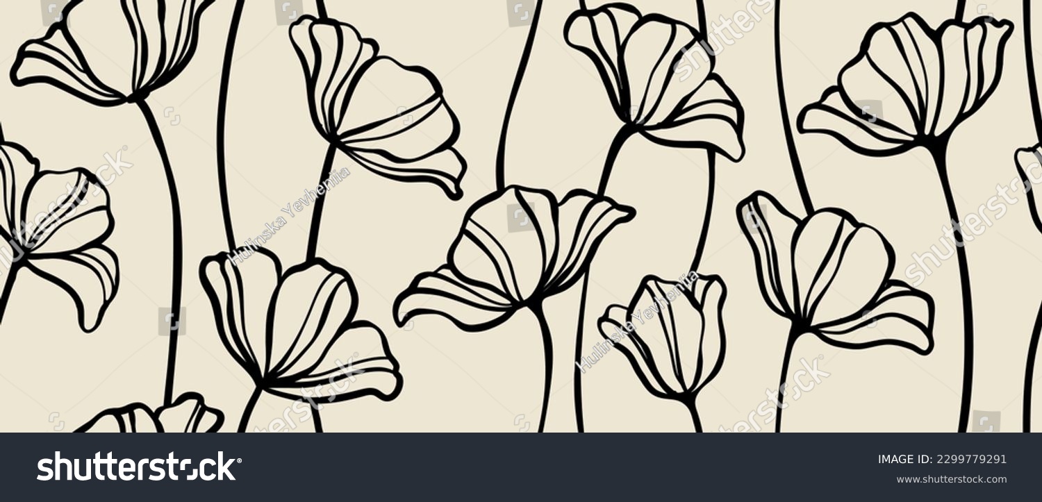 Leaves branch and Hand Drawn doodle Scribble floral plants banner. seamless pattern. Creative minimalist Abstract art background. Design wall decoration, postcard, poster or brochure #2299779291