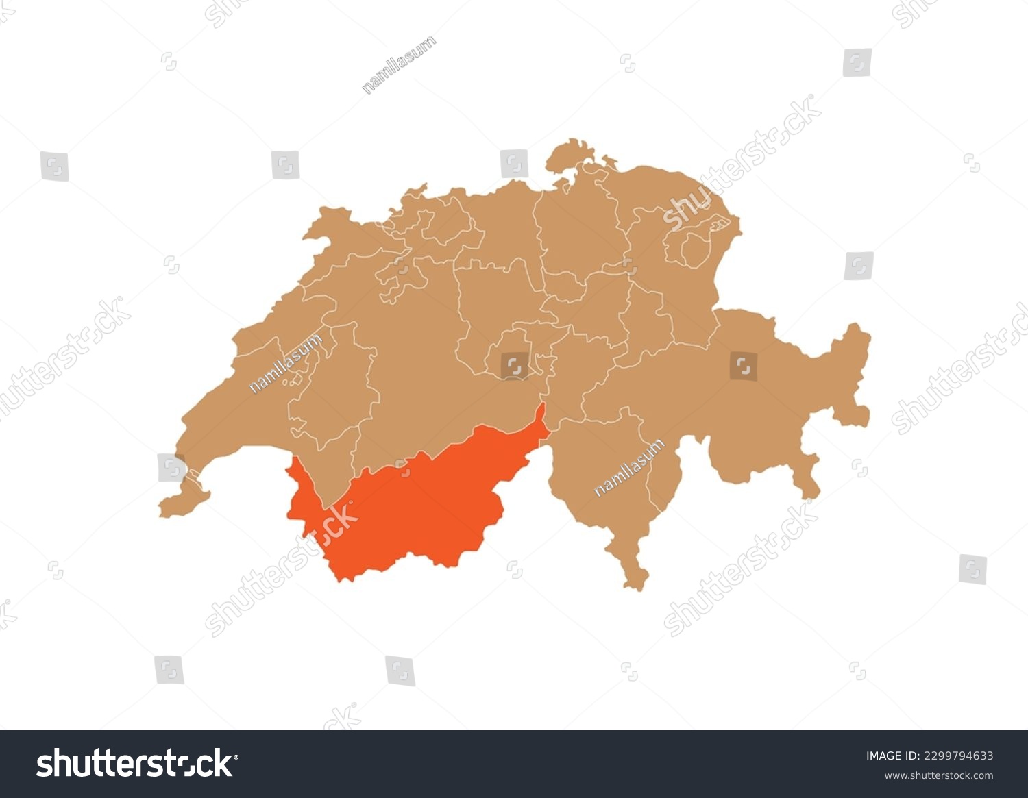 Map Of Valais On Switzerland Map. Map Of Valais - Royalty Free Stock 