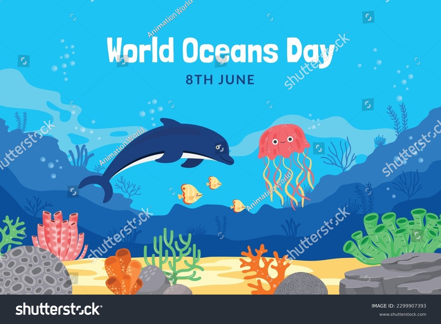 World oceans day. World ocean day. June 8. underwater ocean background. dolphin, shark, coral, fish, sea plants, stingray, turtle. design, poster, banner, template. save ocean. vector illustration. #2299907393