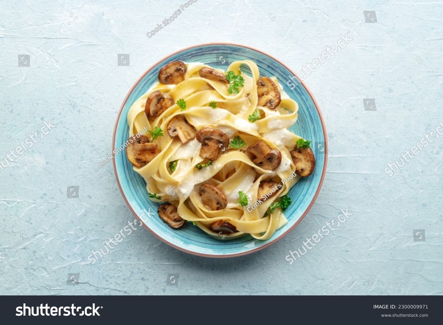 Mushroom pasta, pappardelle with cream sauce and parsley, overhead flat lay shot on a stone background #2300009971