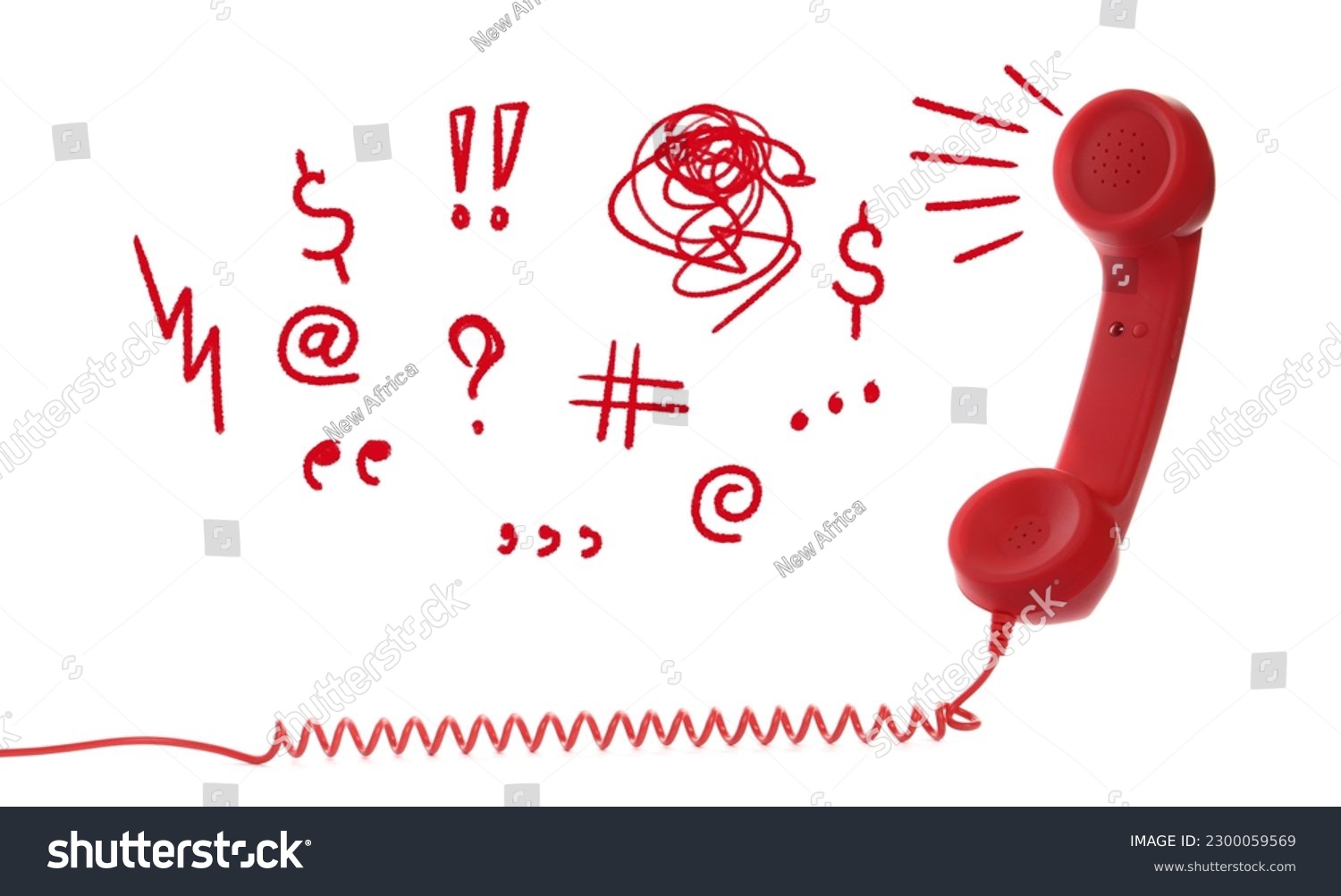 Complaint. Red corded telephone handset and different illustrations on white background #2300059569