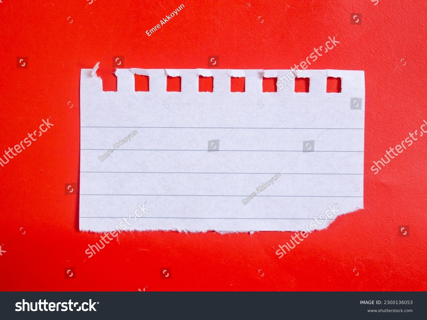 Ripped lined notebook paper on red background with copy space. #2300136053