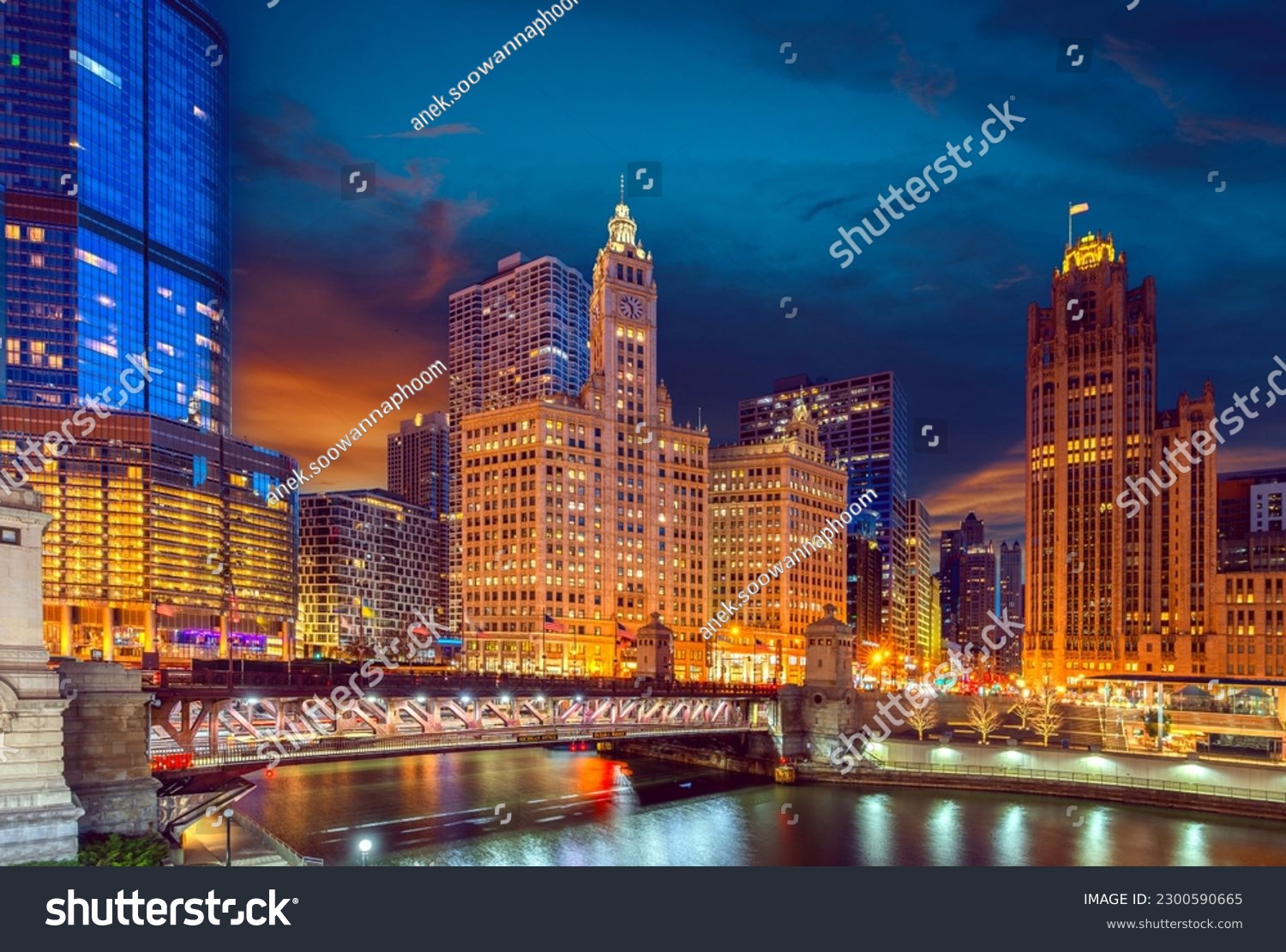 Cityscape of Chicago Riverwalk at Dusable bridge over Michigan river , Chicago city, USA #2300590665