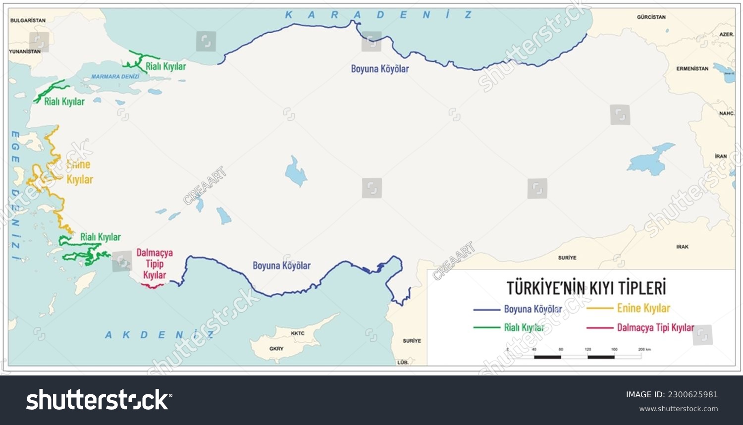 Turkey's coastal types map, country borders, - Royalty Free Stock ...