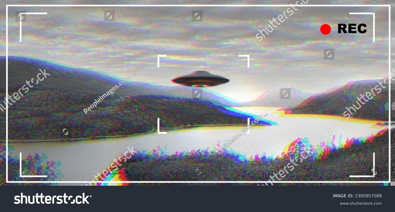 UFO, alien and camcorder viewfinder with a spaceship flying in the sky over area 51 for an invasion. Camera, spacecraft and conspiracy theory with a saucer on a display to record a sighting of aliens #2300957089