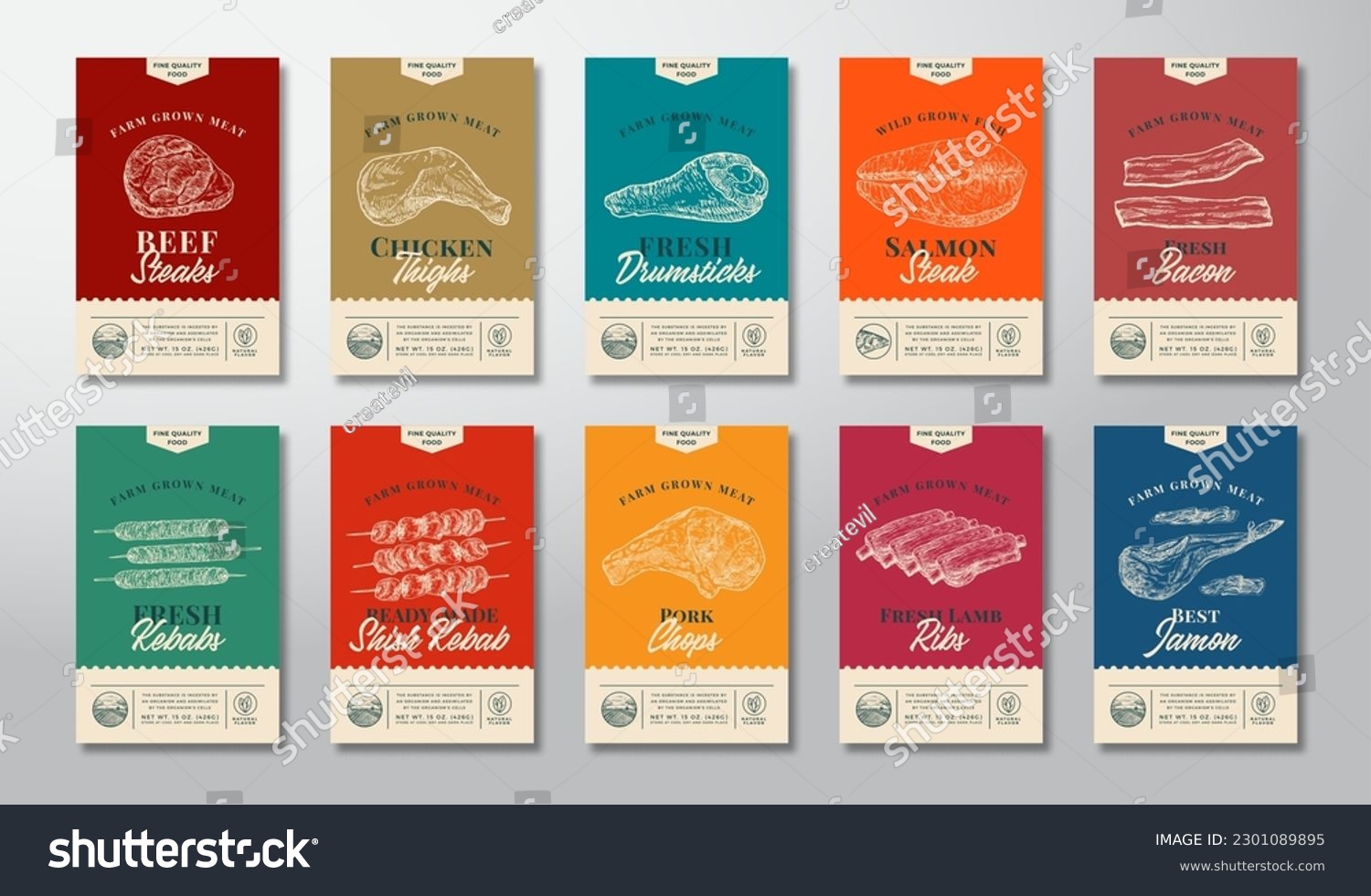 Meat, Fish, Poultry and Kebabs Abstract Vector Packaging Labels Design Set. Modern Typography Banners, Hand Drawn Food Illustrations. Color Paper Background Layouts Collection. Isolated #2301089895