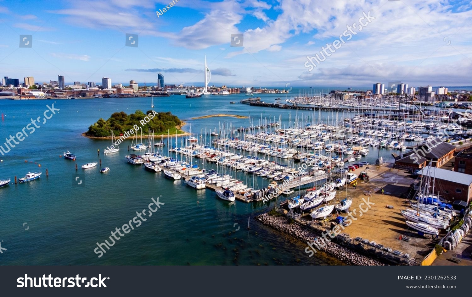 Aerial view of the Marina of Gosport behind Burrow Island in Portsmouth Harbor in the south of England on the Channel coast #2301262533