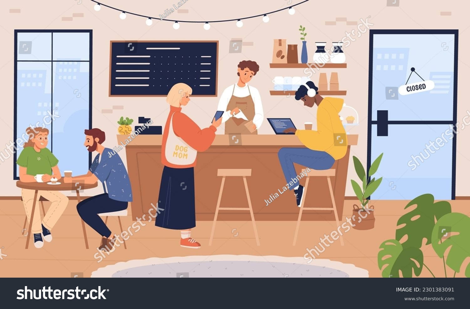 People in coffee shop vector illustration. Barista and customers inside cozy local cafe interior. Men and women drink coffee and tea in cafeteria or coffeehouse, bakery. #2301383091