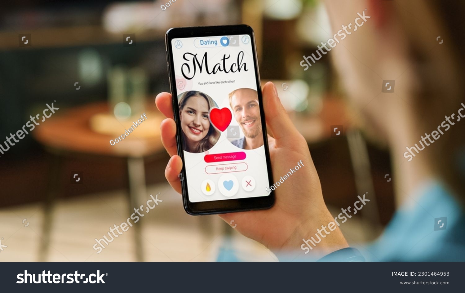 POV Dating App Concept: Person Uses Smartphone for Browsing Social Media Dating Application. Person Swiping, Searching, Screen Shows Matching with Partner, Finding True Love #2301464953