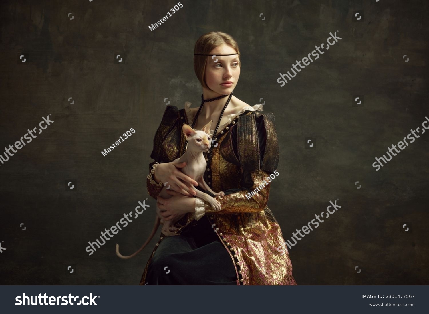 Portrait of pretty young girl in elegant retro clothing over dark vintage background posing with sphynx cat. Lady with ermine remake. Concept of history, renaissance art remake, comparison of eras #2301477567