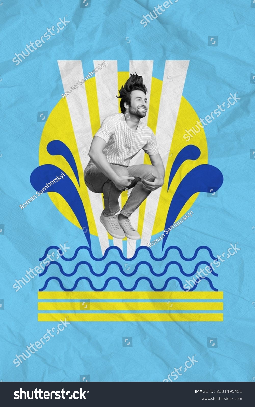 Exclusive magazine picture sketch collage image of smiling funky guy diving pool isolated creative background #2301495451
