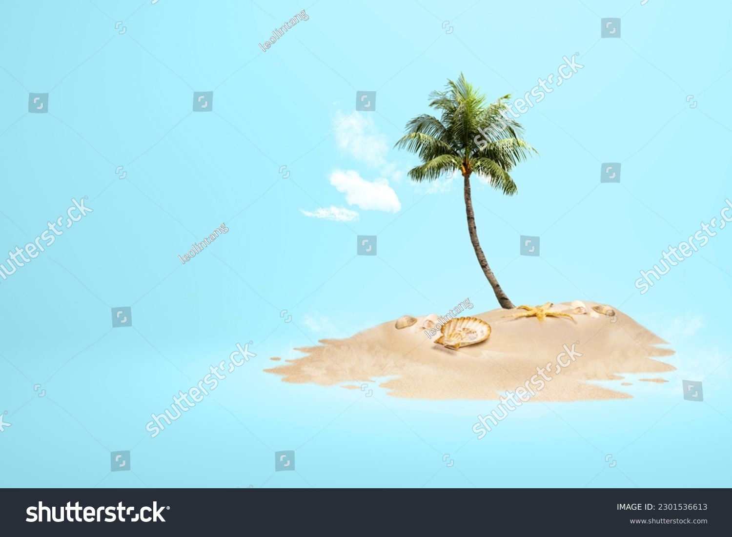 View of sandy beach with shells and palm tree with colored background #2301536613