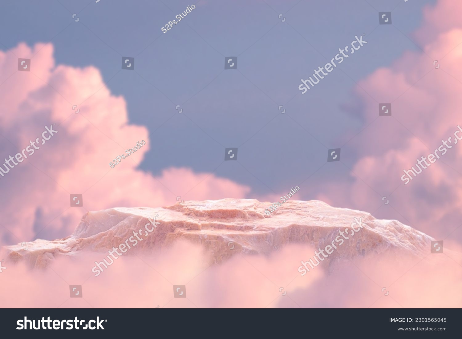 Stone podium tabletop floor in outdoor on sky pink gold pastel soft cloud blurred background.Beauty cosmetic product placement pedestal present promotion stand display,summer paradise dreamy concept. #2301565045