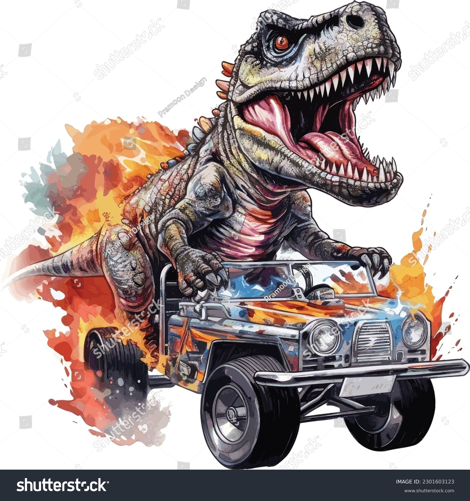 T Rex Riding On Truck Cartoon Dinosaur Royalty Free Stock Vector