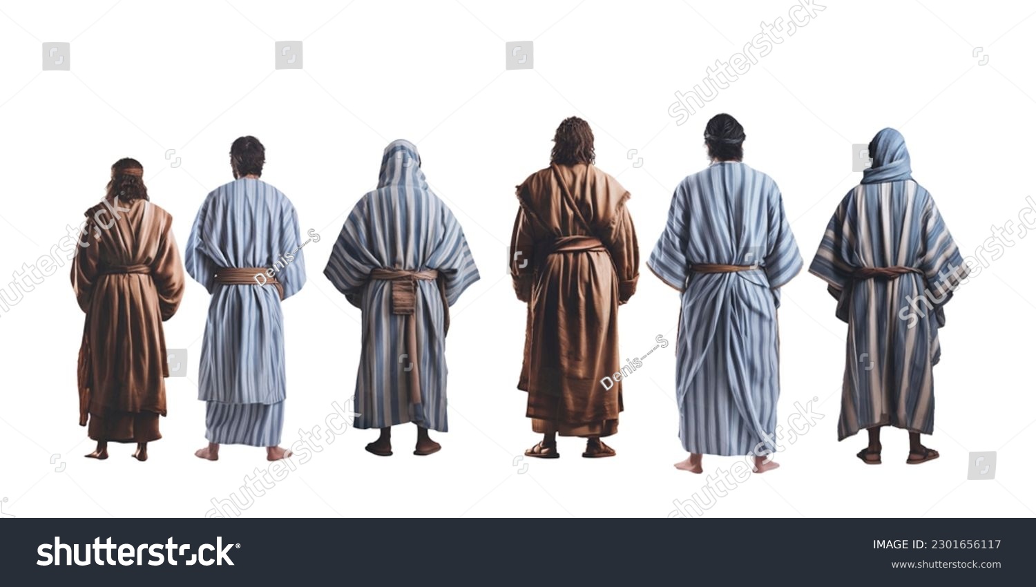 Apostles of Jesus Christ middle eastern men wearing colorful medieval clothing standing view from the back #2301656117