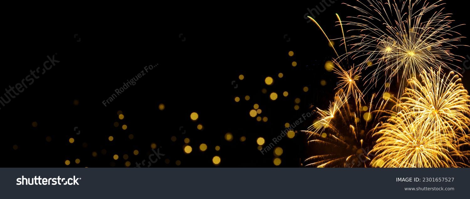 Elegant gold and black background with fireworks and light sparkles. Background for birthday celebrations, big events, congratulations and holidays like 4th of July or New Year's Eve #2301657527
