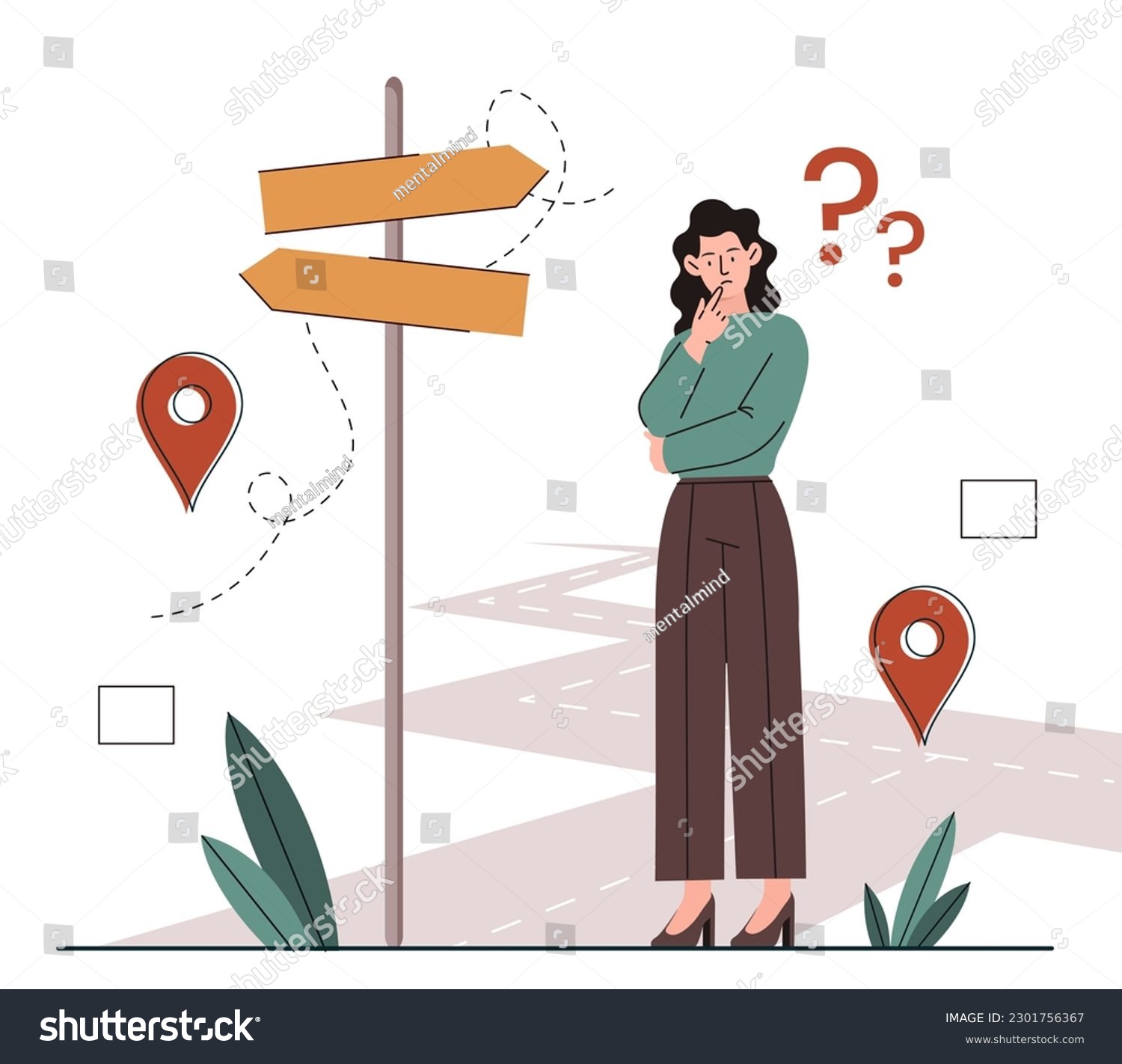 Woman on way. Young girl stands on road near signboard. Metaphor for making decision and choosing life path. Navigation and direction at crossroad. Cartoon flat vector illustration #2301756367