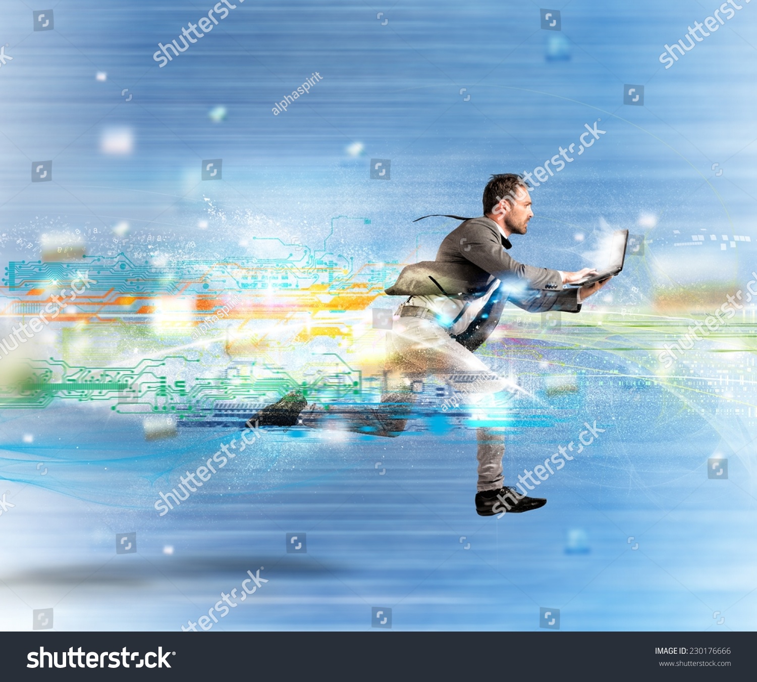 Concept of fast internet with running businessman with a laptop #230176666