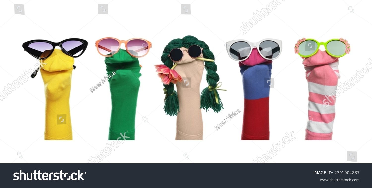 Many colorful sock puppets on white background, collage design #2301904837