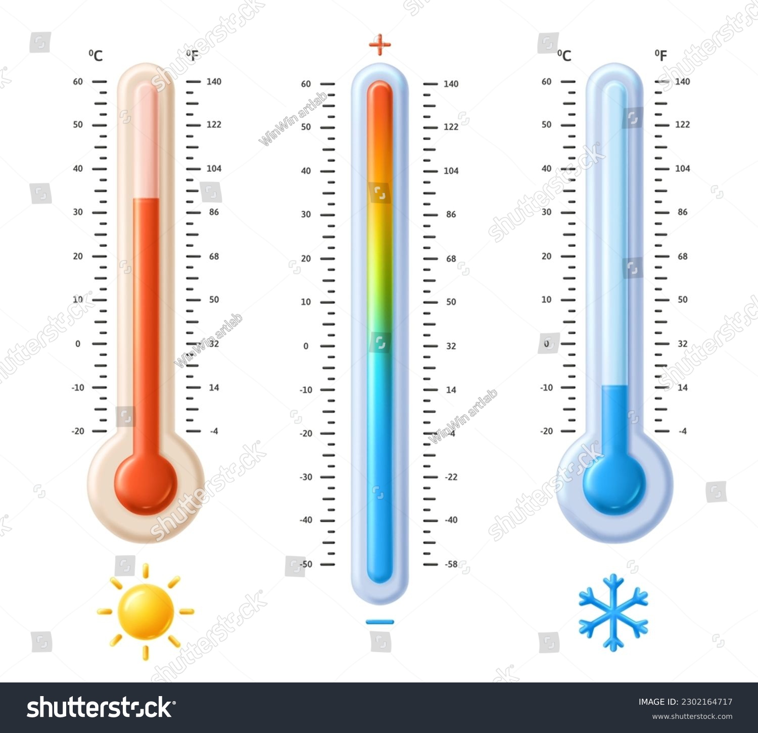 Fahrenheit and celsius thermometers. Temperature spectrum scale with hot sun and cold snowflake icons, weather meteorology measurement 3D vector illustration set of fahrenheit and celsius thermometer #2302164717