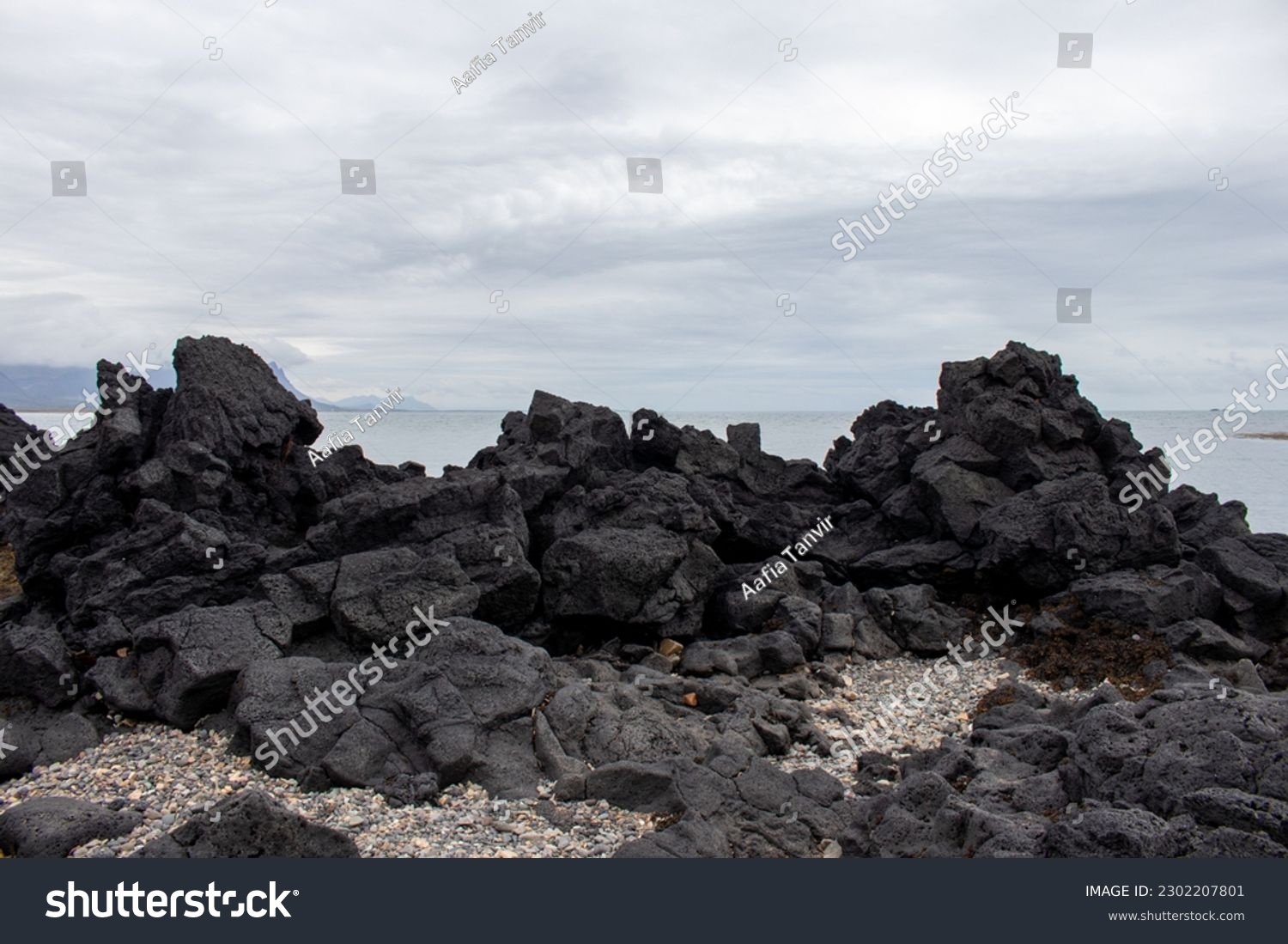 A rocky shore of South Iceland beach with black volcanic rocks in the Iceland South coast #2302207801