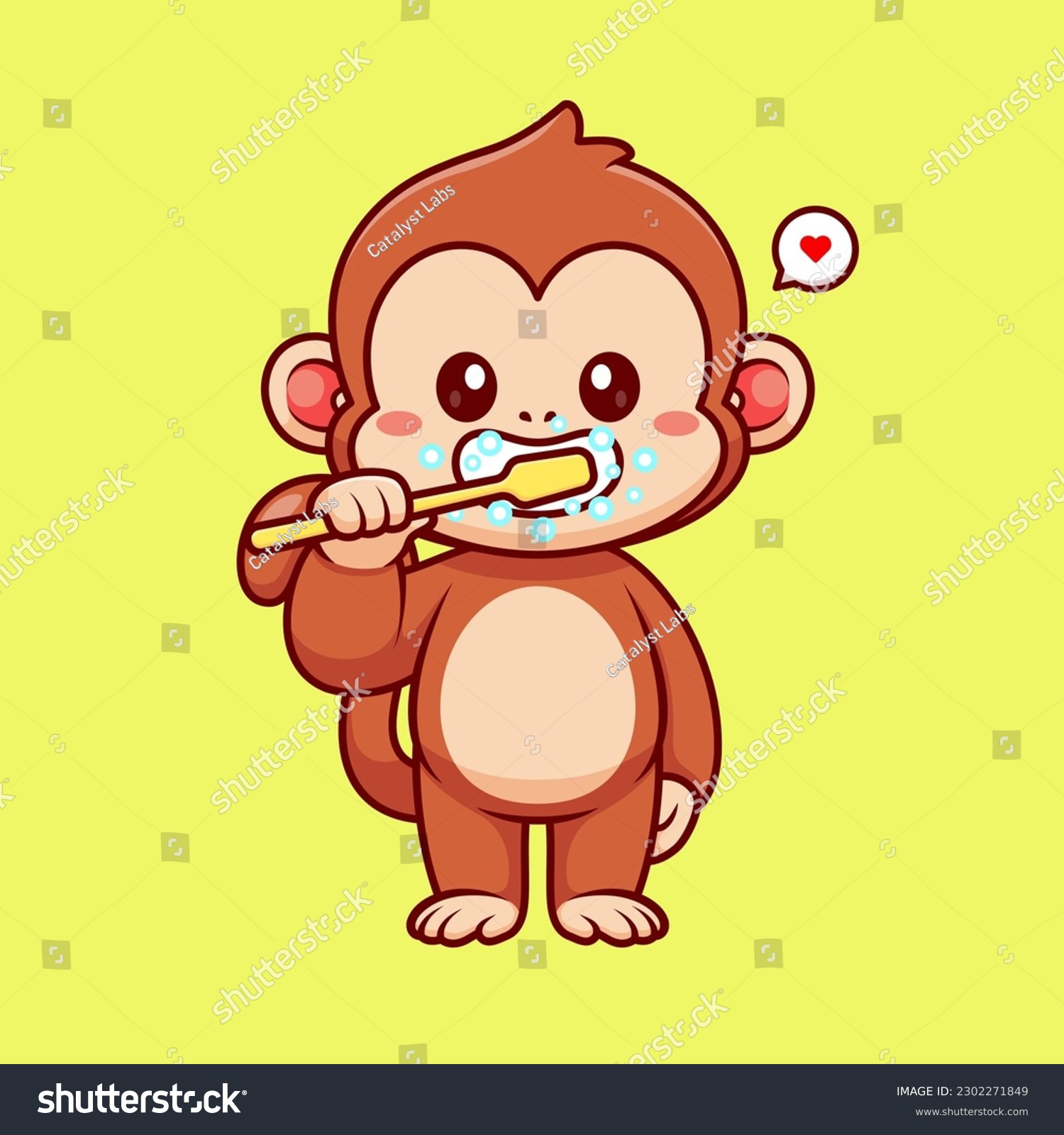 Cute Monkey Brushing Teeth Cartoon Vector Icon - Royalty Free Stock ...