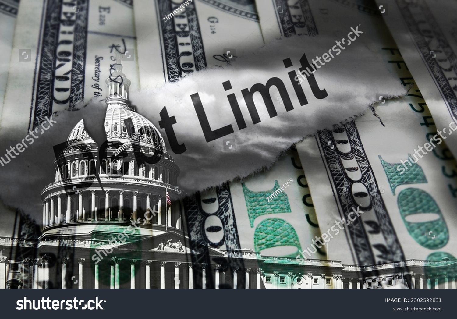 Debt Limit newspaper headline on hundred dollar bills with  cracked United States Capitol dome representing political gridlock                              #2302592831