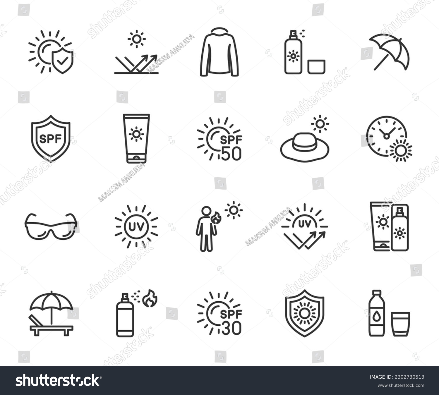 Vector set of sun protection line icons. Contains icons sunscreen, ultraviolet, sunglasses, spf protection, umbrella, sunburn, sun hat, beach lounger and more. Pixel perfect. #2302730513