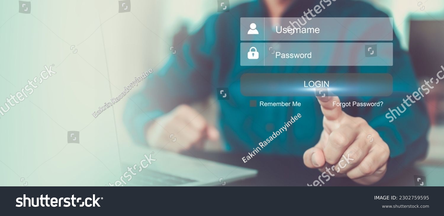 Businessman use laptop login register username and password identity on webpage concepts of cyber security, internet access, join social or personal data protection or forget pass key unlock. #2302759595