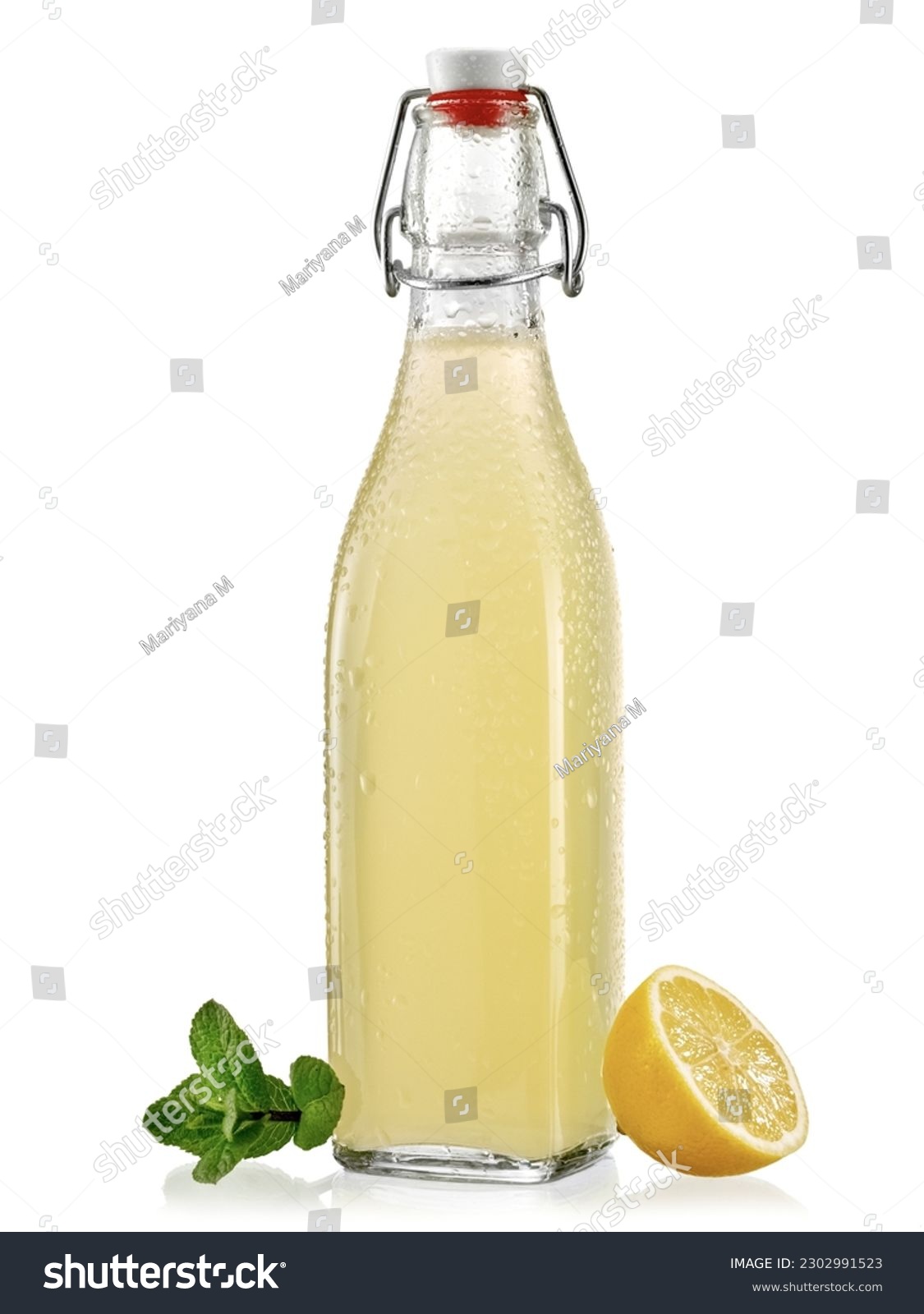Fresh lemonade on a glass bottle with porcelain cap on white background #2302991523