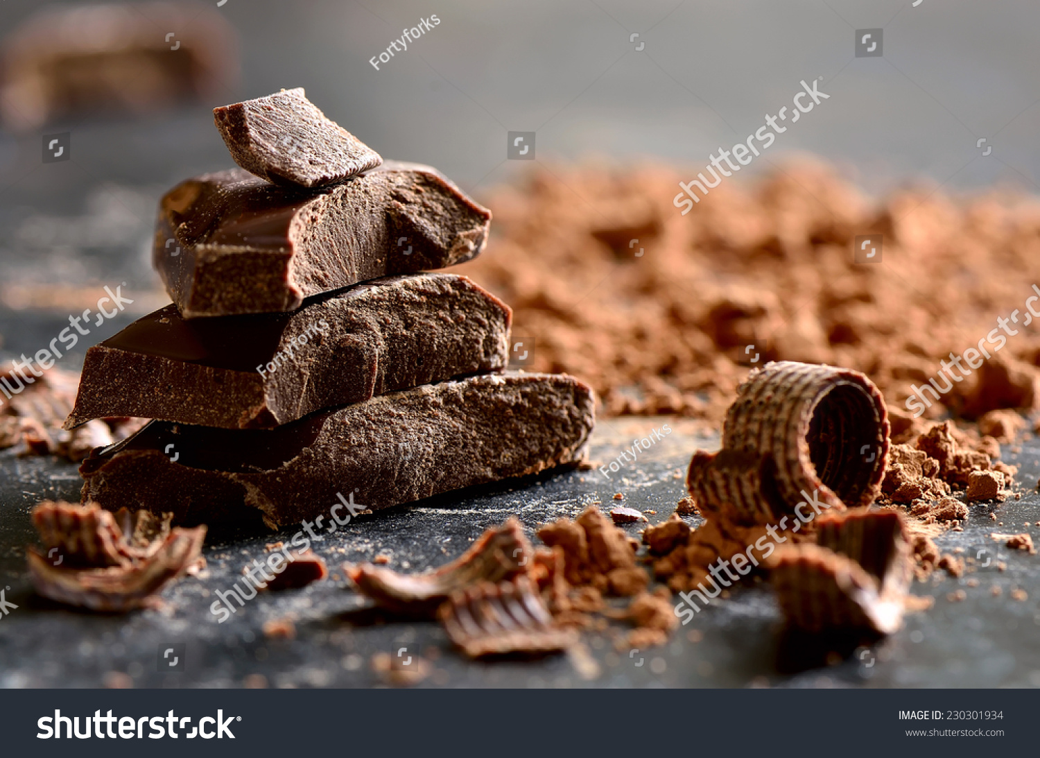 Dark chocolate stack, chips and powder #230301934