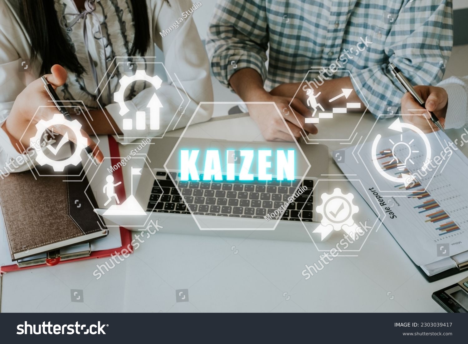 KAIZEN concept, Business person team working on analyzing financial data with kaizen icon on virtual screen, Business philosophy and corporate strategy concept of continual #2303039417