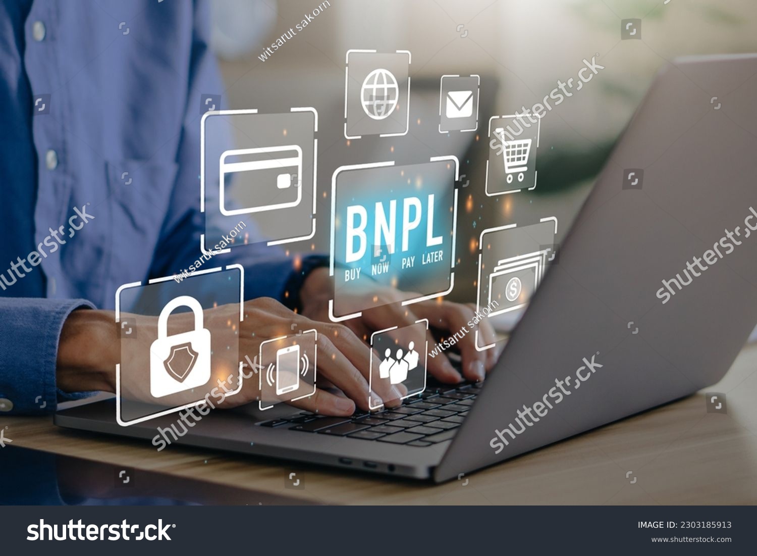 BNPL Buy now pay later online shopping concept. Businessmen using laptop with icons of BNPL.e-commerce. #2303185913