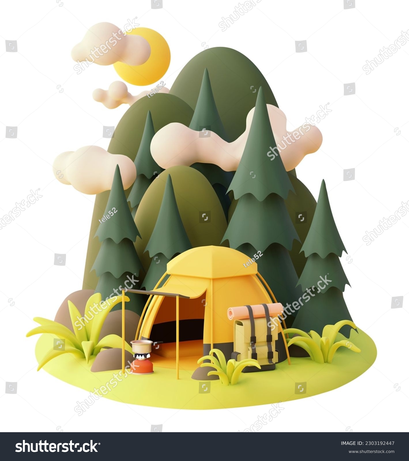 Vector camping tent in the forest. Campsite, pine trees and mountains with clouds. Gas stove or cooker, tent, backpack. Tourist cooking food on fire. Camping adventures #2303192447
