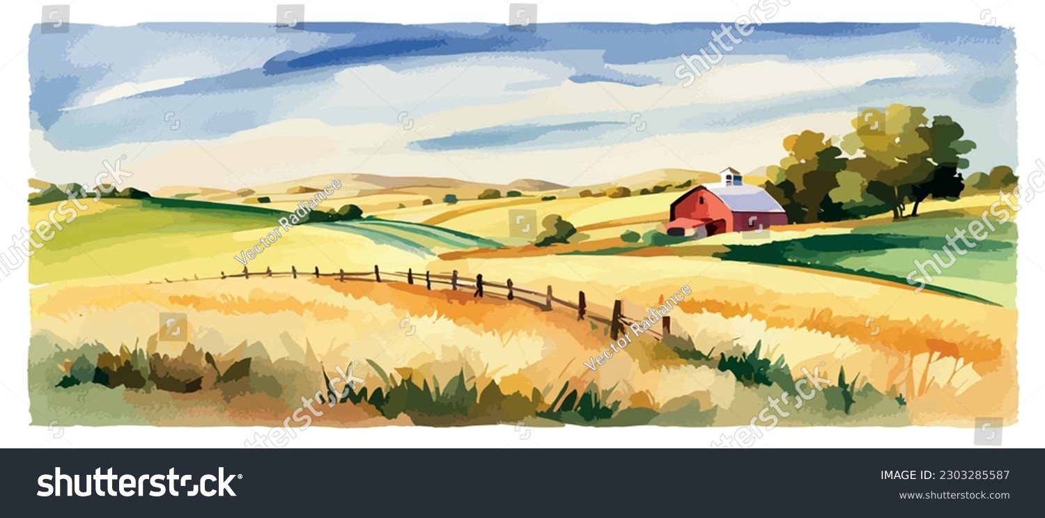 Farm on a hill with yellow or golden wheat field in a watercolor style, agriculture, cultivation, countryside, field, countryside, vector illustration banner with copy space #2303285587