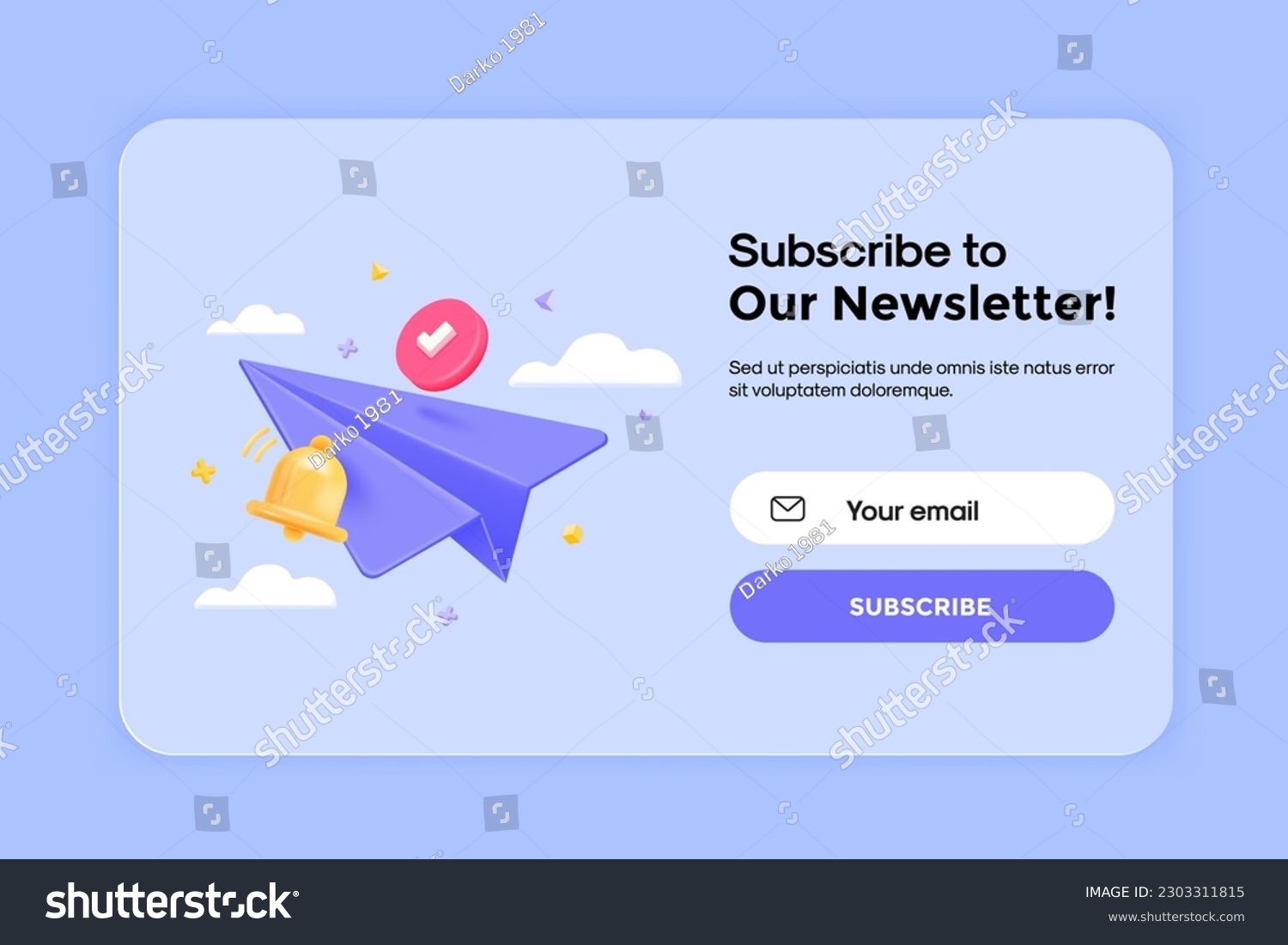 3D Subscribe to newsletter banner template with cartoon paper airplane. Email business marketing concept. Subscription to news and promotions. Registration form. Web button mockup. 3D Vector #2303311815